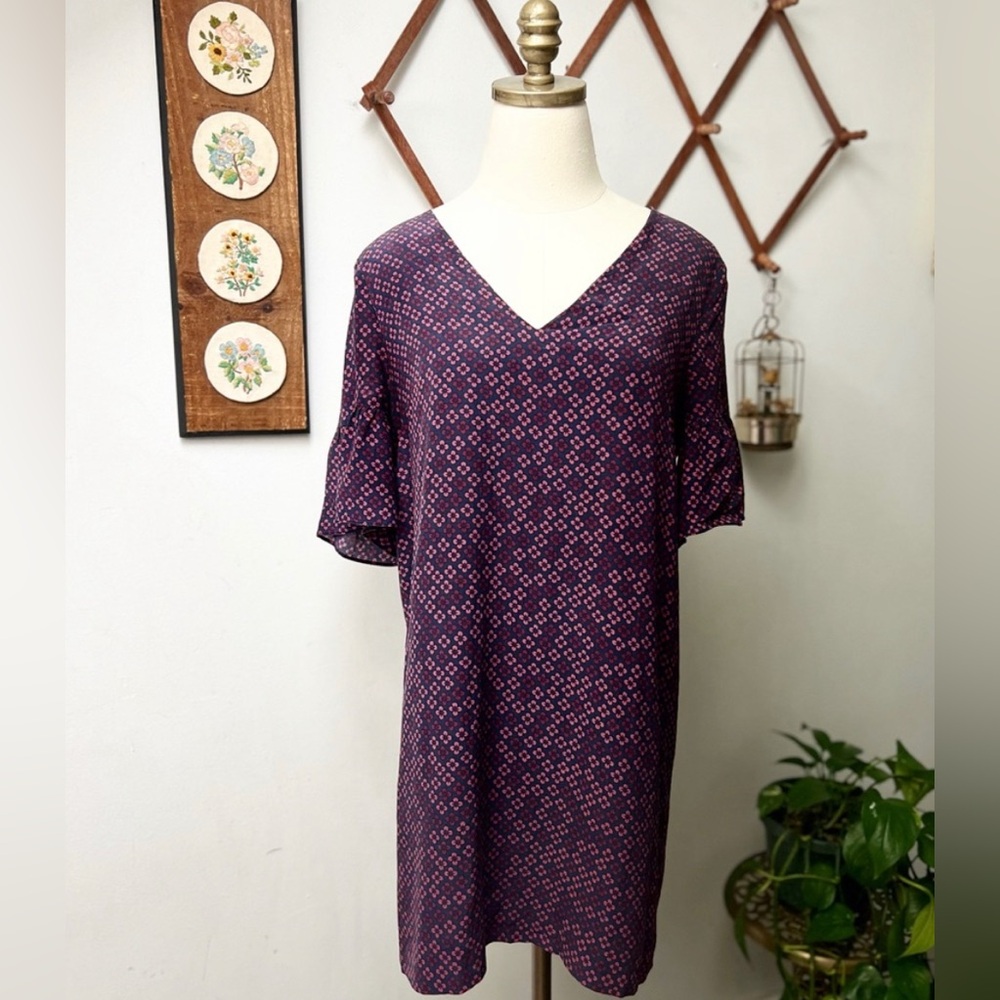 Madewell Silk Purple Bell Sleeve Shift Dress in Painted Clover size 6 Small